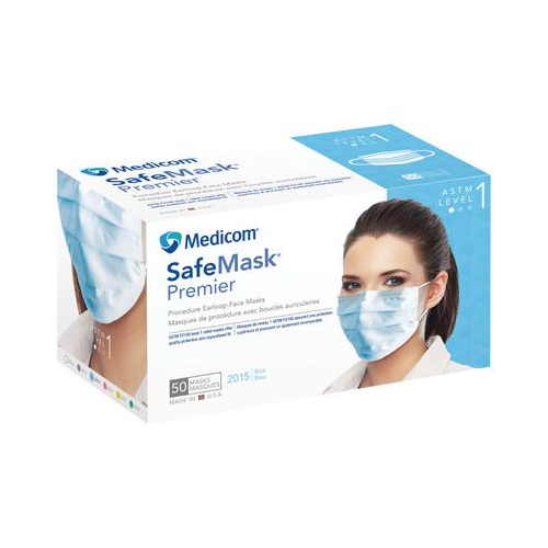 2015 SafeMask Premier Earloop Face Masks ASTM Level 1 Blue 50